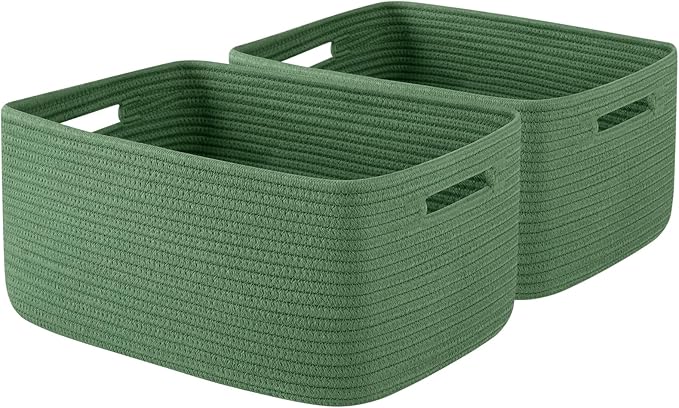 OIAHOMY Storage Basket for Shelves, Closet Cube Storage Bins Baskets for Clothes Blanket Towels, Baby Nursery, Toy Baskets Box, Woven Rope Basket, 15.75*11.81*7.09 IN, 2 Packs Olive Green