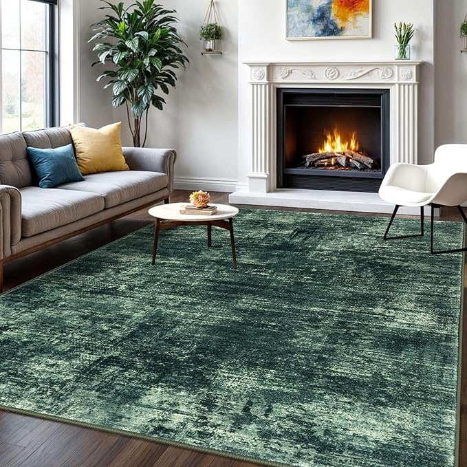 IOHOUZE Abstract Area Rugs 6x9 Ft Washable Rugs for Living Room, Non Slip Dining Room Rug, Printed Faux Wool Rugs for Bedroom, Floor Carpet for Office Nursery Playroom, Dark Green