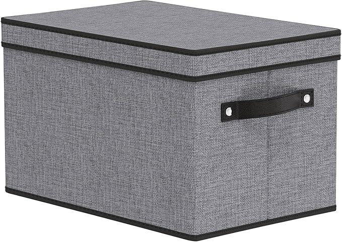 Storage Boxes, 15 x 9.8 x 8.3 Inch Baskets for Organizing with Lids, Fabric Bins with Handles, Decorative Linen Closet Organizers, Gray, 1 Pack