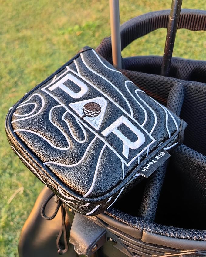 Big Teeth Golf Club Covers Full Set Driver Headcover Fairway Wood Hybrid Golf Club Iron Head Covers, Topographic Edition Putter Cover Leather Golf Head Covers Pure Black, Gifts for Men