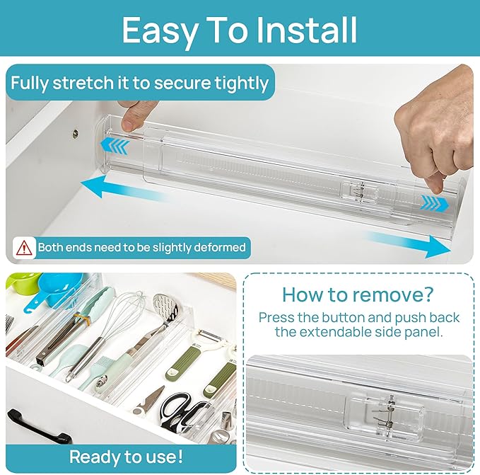 Vtopmart 8 Pack Shallow Drawer Dividers, 2.36" High 12.67"-21.14" Adjustable Expandable Kitchen Drawer Organizer, Clear Plastic Organizer Separators for Flatware, Utensil, Cutlery, Underwear, Clothes