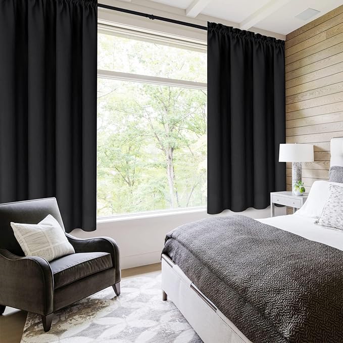 DWCN Black Short Blackout Curtains for Small Window, Thermal Insulated Energy Saving Room Darkening Curtains for Kitchen/Bedroom (W42 x L36 inch, Set of 2 Panels, Top of Rod Pocket)