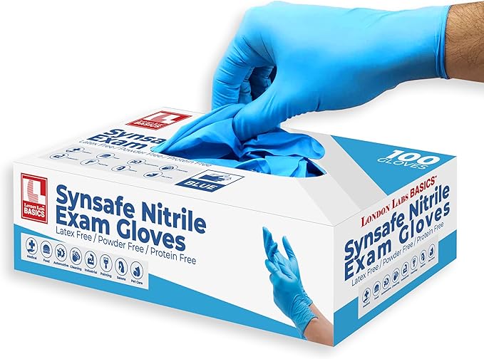 Synsafe 4 Mil - Blue Nitrile Exam Gloves –Disposable Latex Free & Powder Free – Extra Strong, Rubber Gloves