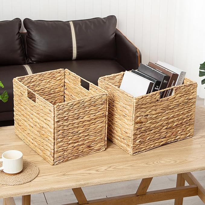 Storage Baskets，Wicker Baskets,Hyacinth Basket For Shelf,Folding 2 Packs Handmade Woven, Seagrass Baskets,Shelf Baskets For Storage Toys Books And Clothes and Other What You Want