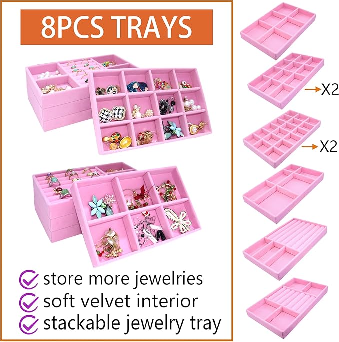 8 Pack Stackable Jewelry Trays Organizer Velvet Earring Organizer Jewelry Tray for Drawers Earring Holder Necklace Bracelet Ring Organizers