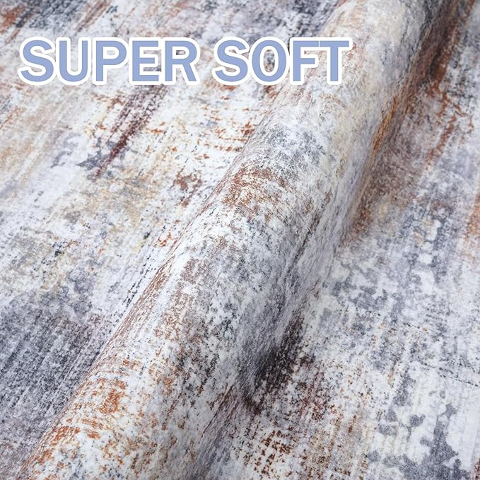 IOHOUZE Abstract Area Rugs 9x12 Ft Washable Large Rugs for Living Room, Non Slip Dining Room Rug, Printed Faux Wool Rugs for Bedroom, Floor Carpet for Office Nursery Playroom, Orange Grey