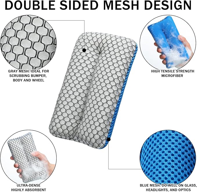 Two Sided Bug and Tar Sponge Microfiber Bug Scrubber Car Sponge for Washing Soft Mesh, Scratch Free for Car, Truck, SUV, RV, Boat, and Motorcycle(5 Pcs)