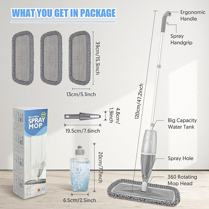Microfiber Spray Mops for Floors Cleaning: EXEGO Dust Mop Wet Mop with 3 Washable Resuable Pads -440ML Refillable Bottle and 1 Scraper - Flat Floor Mop for Hardwood Laminate Ceramic Tiles Vinyl Woood