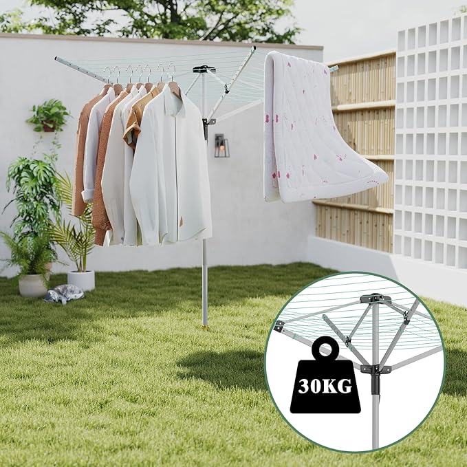 Outdoor Umbrella Drying Rack 165 Feet Umbrella Clothesline with 12 Lines Rotary Drying Rack Adjustable Height 4-Arm Foldable Clothes Drying Rack with Protective Cover for Backyard- Green