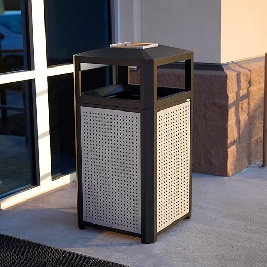Safco Evos Steel Trash Can, 38 Gallons, Indoor and Outdoor Use, Commercial Garbage Can with Plastic Liner and Ashtray