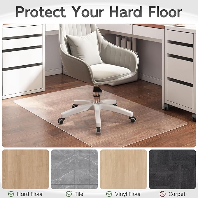 Office Chair Mat for Hardwood Floor, 60" x 36" Clear Computer/Desk Chair Mat for Hard Floor, Thicker, Easy Glide, Non-Slip, Protects Hard Surfaces from Scratches, Ideal for Home or Office