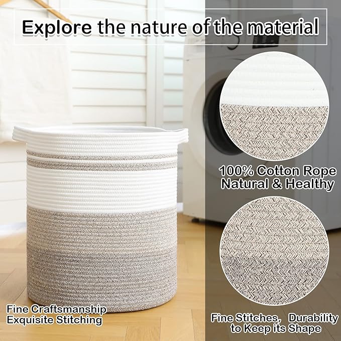OIAHOMY 58L Laundry Baskets-Laundry Hamper, Storage Basket with Handles, Decorative Basket for Living room, Woven Storage Basket for Toys Bin, Pillows, Blankets, Clothes-18x16in-Gradient Brown