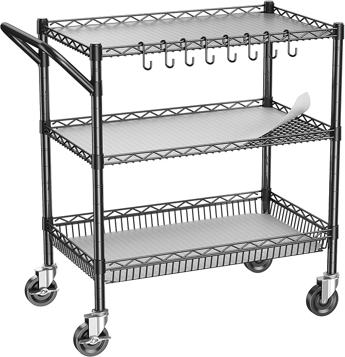3 Tier Metal Cart with Wheels, Heavy Duty Utility Rolling Cart 1050lbs, Commercial Grade Kitchen Trolley with Handle Bar&Shelf Liner, Mobile Steel Wire Trolley for Warehouse Garage Kitchen