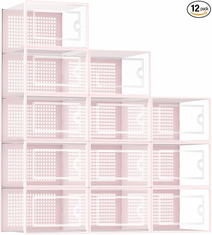 Kuject Shoe Organizers Storage Boxes for Closet, 12 Pack Clear Plastic Stackable Storage Bins with Lids, Under Bed Shoe Containers for Entryway, Drop Front, Fit up to Women's Size 10,Pink