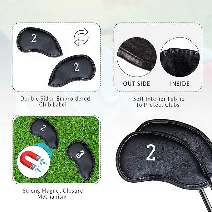 Premium Magnetic Leather Iron and Wedge Golf Club Head Covers | Set of 10 | Fits Most Clubs | Embroidered Club Label on Both Sides of Club Head Cover