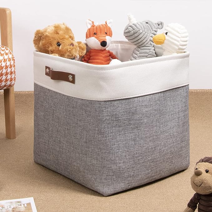 DULLEMELO Cube Basket for Storage, Collapsible Fabric Cube for Organizing, Storage Cube for Closet, Laundry, Nursery, Shelves, Decorative Basket for Gifts Empty (White&Gray)