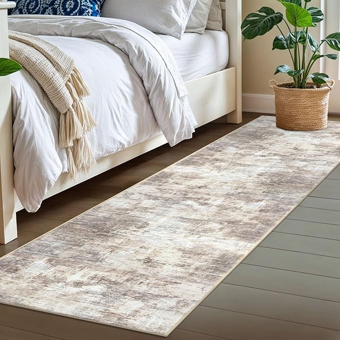 IOHOUZE Abstract Runner Rug 2x7 Ft Washable Runners for Hallways, Non Slip Kitchen Runner Printed Faux Wool Entryway Runners Indoor, Modern Abstract Floor Carpet for Hall Kitchen Bedroom, Beige Brown