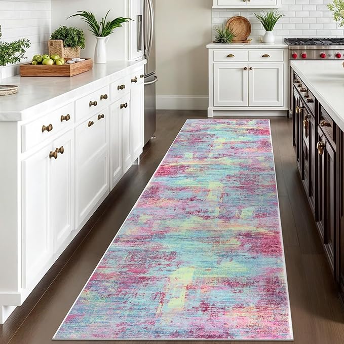 IOHOUZE Abstract Runner Rug 3x10 Ft Washable Runners for Hallways, Non Slip Kitchen Runner Printed Faux Wool Entryway Runner Indoor, Modern Abstract Floor Carpet for Hall Kitchen Bedroom, Pink Teal