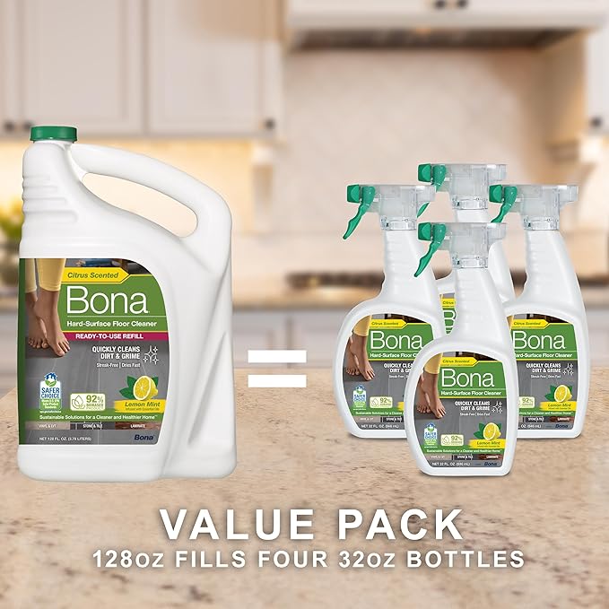 Bona Multi-Surface Floor Cleaner Refill - 128 fl oz - Lemon Mint - Residue-Free Floor Cleaning Solution refill for Spray Mop and Spray Bottles - For Use on Stone, Tile, Laminate, and Vinyl Floors