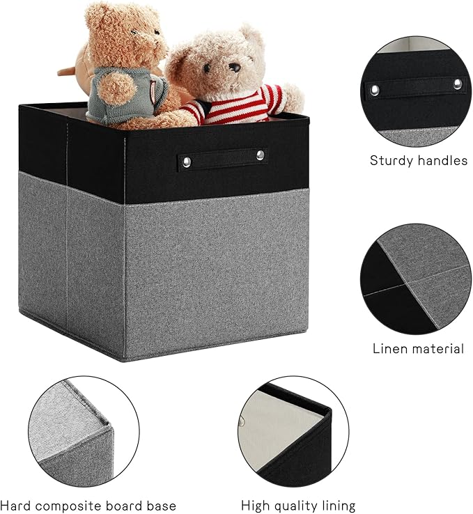 13 x 13 Inch Fine Linen Storage Bins with Handles，Fabric Cube Boxs，Collapsible Basket Organizers for Shelves for Home, Closet Drawers (Black/Gray-4 Pack)