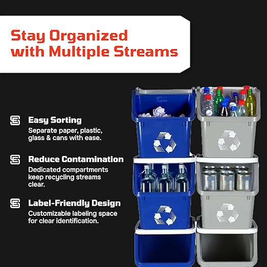 Multi Recycling Bin System with Three Stacking 6 Gallon Bins with Carrying Handles, Stackable and Compact for Offices, Homes, Garages, Businesses - (Green, 6 Pack)