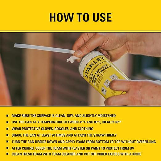 Stanley F905 Gaps & Cracks Sealant (1x12 Oz.) – Polyurethane Spray Foam Insulation for Window & Door, Waterproof Gap Filler, Low Expansion Foam for Indoor & Outdoor Use | Straw Use | 12 Oz. 1 Pack