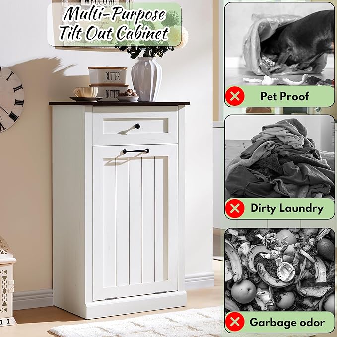 Tilt Out Laundry Hamper Cabinet, 10 Gallon Farmhouse Trash Can Cabinet with Drawer, Hidden Wood Garbage Can Bin Cabinet with Laundry Storage Basket for Bathroom, Kitchen, Antique White