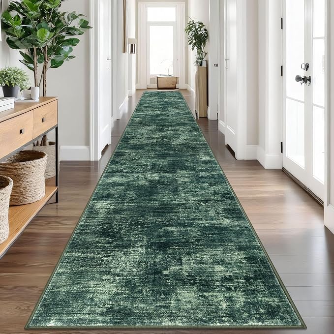 IOHOUZE Abstract Runner Rug 3x20 Ft Extra Long Washable Runners for Hallways, Non Slip Kitchen Runner Printed Faux Wool Entryway Runner Indoor, Modern Abstract Floor Carpet for Hall Stair, Dark Green