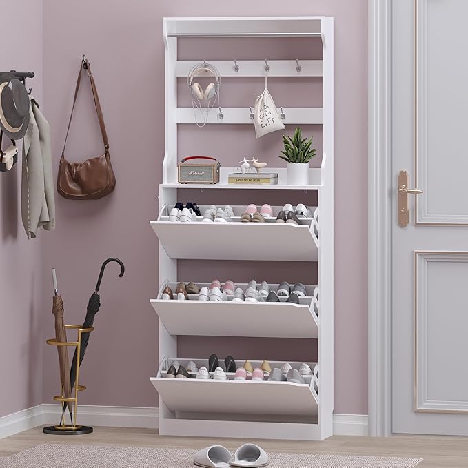 Shoe Cabinet with 3 Flip Drawers & Coat Rack, Narrow Hidden Shoe Storage Cabinet, 2-in-1 Hall Tree Slim Freestanding Shoe Rack Organizer for Entryway, Hallway, and Living Room