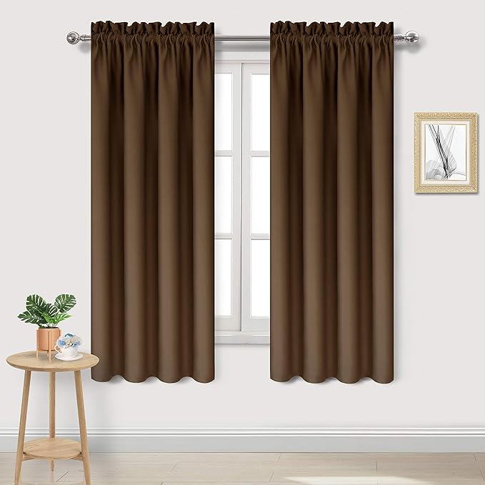 DWCN Brown Room Darkening Blackout Curtains - Rod Pocket Thermal Insulated Privacy Energy Saving Window Curtain Drapes 42x 72 inch Length, Set of 2 Bedroom Living Room Curtains