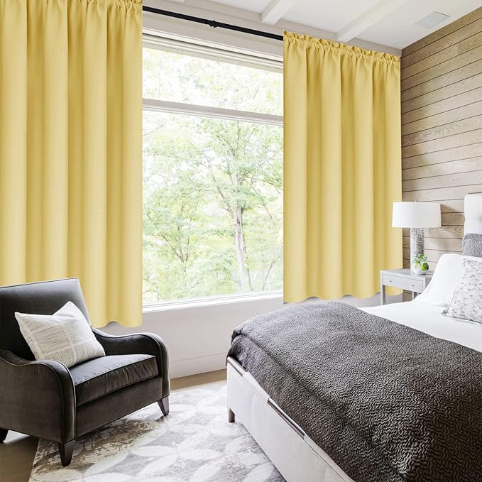 DWCN Blackout Curtains for Bedroom – Rod Pocket Thermal Insulated Noise Reducing Noise Reducing Drapes for Living Room, W 38 x L 63 Inch, 2 Panels, Light Yellow