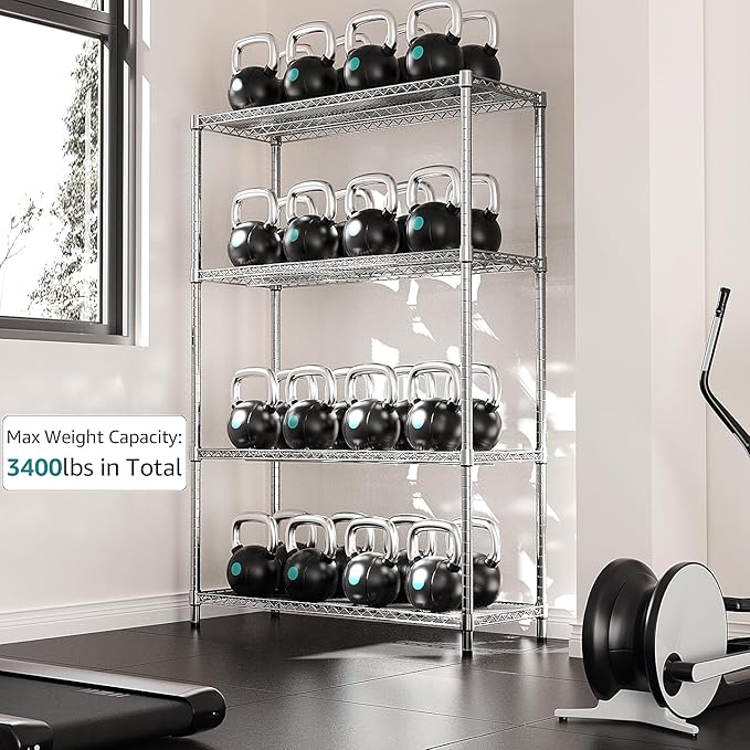 IZEUK 3400 LBS Garage Shelving Wide Storage Shelves 4 Tier Metal Shelves Heavy Duty Adjustable Utility Shelf Rack Chrome 17.7" D x 47.2" W x 70.4" H