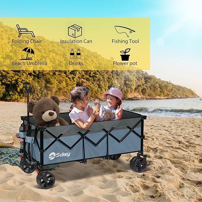 Sekey 48''L Collapsible Foldable Extended Wagon with 440lbs Weight Capacity, Heavy Duty 300L Folding Utility Garden Cart with Big All-Terrain Beach Wheels & Drink Holders. Blue&Grey