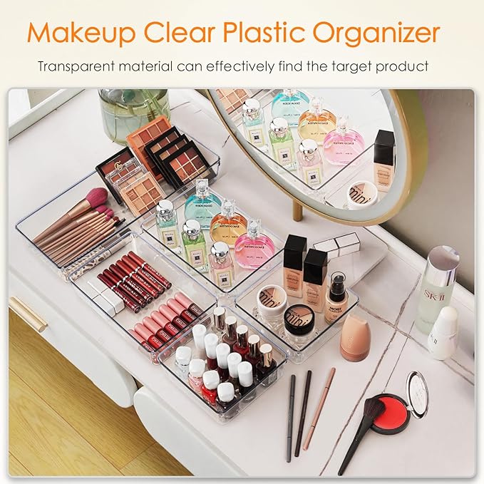 Criusia Drawer Organizer, 10 Pack Large Clear Plast Set, 3 Size Versatile Bathroom and Vanity Organizer Trays, Storage Bins for Makeup, Bedroom, Kitchen Utensils