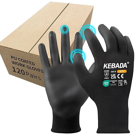Kebada Safety Work Gloves,120 Pairs Bulk Pack, Touchscreen, PU Coated, Ideal for Warehouse, Construction, Gardening and Mechanics, Black, Large