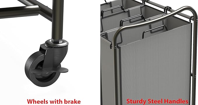 Simple Houseware Heavy Duty 3-Bag Laundry Sorter Rolling Cart, Dark Grey – Durable Triple Laundry Hamper with Removable Bags and Lockable Wheels for Efficient Laundry Organization