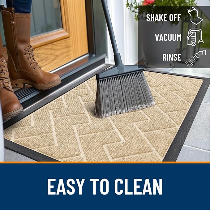 OLANLY Front Door Mat Indoor Outdoor Entrance, Waterproof All-Season, All-Weather Doormat, Sturdy Natural Rubber, Low Profile, Easy Clean Patio Porch Entryway Mat, Herringbone Brick (Beige, 59x23)
