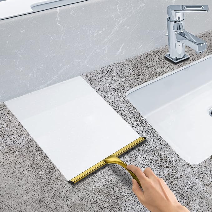 All-Purpose Stainless Steel Shower Squeegee for Shower Doors with 2 Adhesive Hooks, Bathroom Cleaner Tool Household Window Mirror Squeegee for Home Cleaning, Glass Door, Tile Wall, Car, 12 Inch Golden