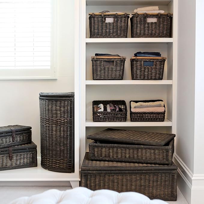 The Basket Lady Pole Handle Wicker Storage Basket, Small, 14 in L x 10 in W x 7.5 in H, Antique Walnut Brown