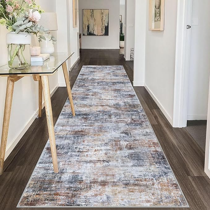 IOHOUZE Abstract Runner Rug 3x10 Ft Washable Runners for Hallways, Non Slip Kitchen Runner Printed Faux Wool Entryway Runner Indoor, Modern Abstract Floor Carpet for Hall Bedroom, Orange Grey
