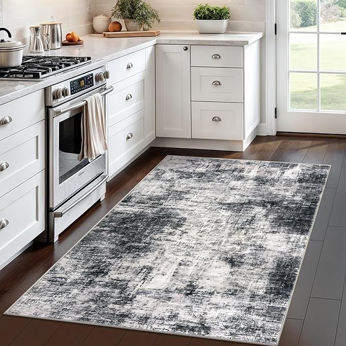 IOHOUZE Abstract Area Rug 4x6 Ft Washable Rugs for Entryway Indoor, Non Slip Small Living Room Rugs Printed Faux Wool Throw Rug, Floor Carpet for Kitchen Nursery Playroom, Black Grey