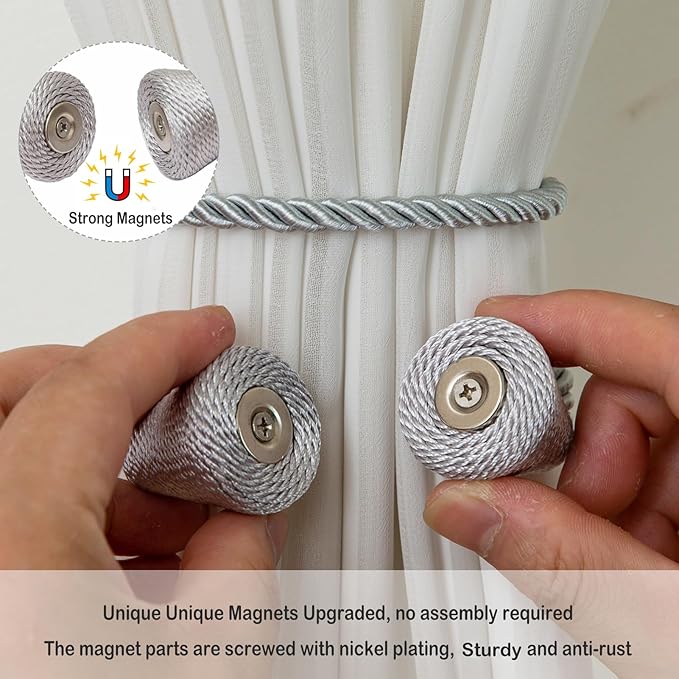 Magnetic Curtain Tiebacks 8 Pack Outdoor Rope Curtain Tie Backs Decorative Window Treatment Holdbacks for Home Decorative Curtain, Grey