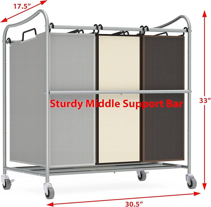 Simple Houseware Heavy Duty 3-Bag Laundry Sorter Rolling Cart, Silver/Assorted – Durable Triple Laundry Hamper with Removable Bags and Lockable Wheels for Laundry Room Organization