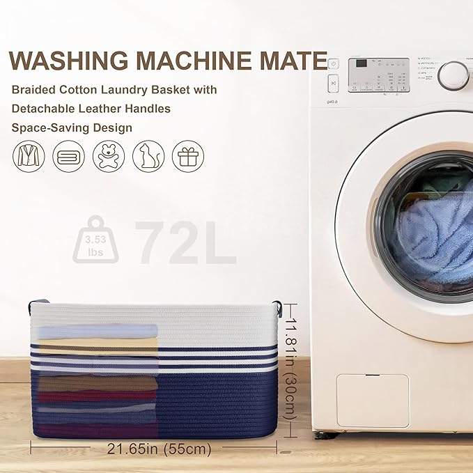 72L Large Laundry Basket with Leather Handles for Living Room Storage, Woven Rope Baskets Bin for Blanket, Kids Toy, Gifts, Wicker Hamper for Bedroom Dirty Clothes, 22"x17"x12" White Navy