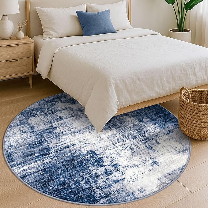 IOHOUZE Abstract Round Area Rug 6 Ft Washable Circle Rugs Large Round Rug Non Slip Thin Soft Circle Rugs, Printed Faux Wool Floor Carpet for Bedroom Living Room Dining Room Nursery, Navy/Grey