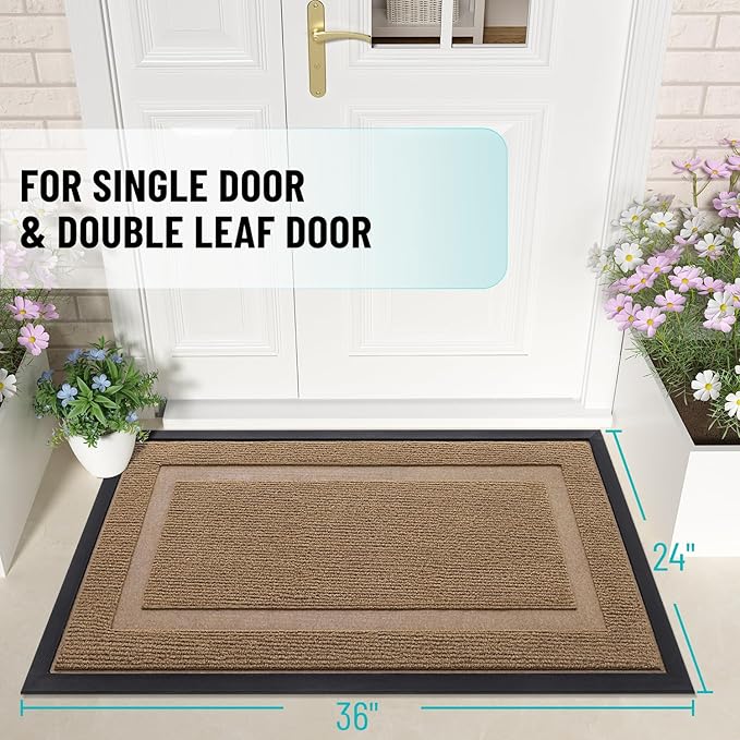OLANLY Front Door Mat Indoor Outdoor Entrance, Waterproof All-Season, All-Weather Doormat, Sturdy Natural Rubber, Fade Resistant, Low Profile, Easy Clean Patio Porch Entryway Mat, 35x23, Light Borwn