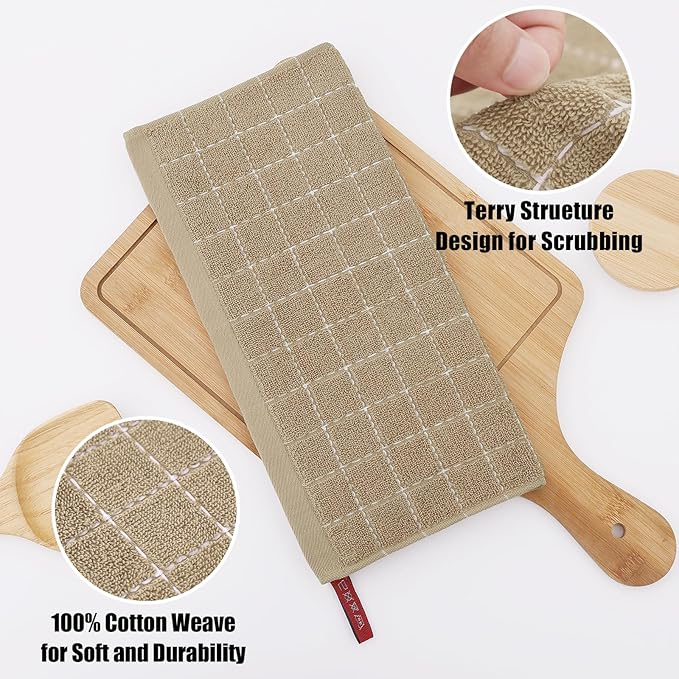 Homaxy 100% Cotton Terry Kitchen Dish Cloths, Ultra Soft and Absorbent Dish Towels for Kitchen, Perfect for Drying and Washing Dishes, 8 Pack, 12 x 12 Inches, Tan