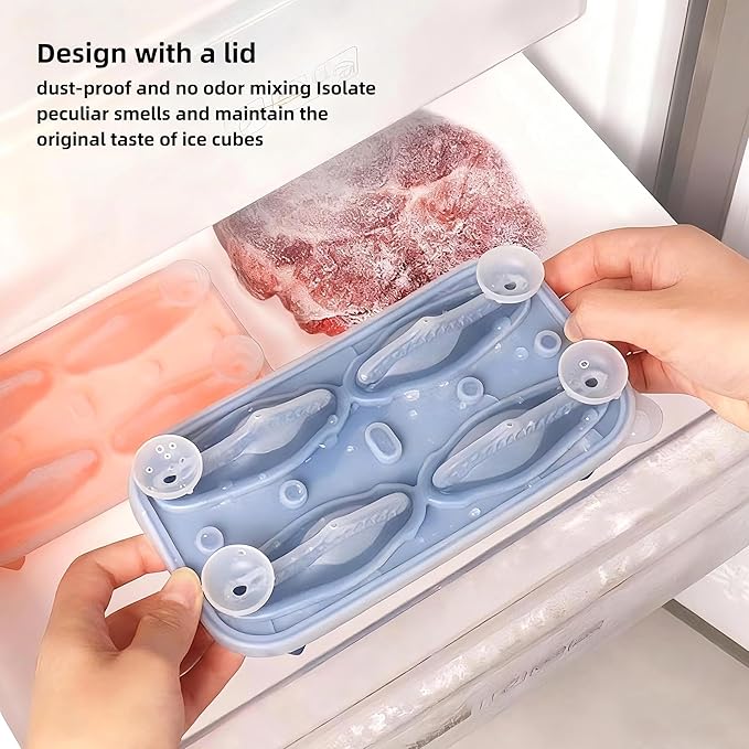 7.48inch Newly Upgraded 4-grid 3D Dinosaur Ice Tray and Covered Silicone Ice Tray, Suitable for Bars, Outdoor and Home Use (1, blue)