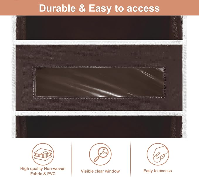 5-Tier Over The Door Storage Organizer with 10 Side Mesh Pockets, 48 lbs Load Capacity, 3 Hooks Design, Door Hanging Organizer with Clear Windows for Bathroom, Bedroom, Nursery, Kitchen-Brown