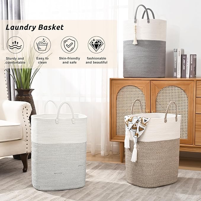 Woven Laundry Basket for Clothes, 65L Large Rectangle Laundry Hampers, Nursery Storage Basket for Toys, Tall Dirty Clothes Hamper for Bedroom Aesthetic, Bathroom, Laundry Room